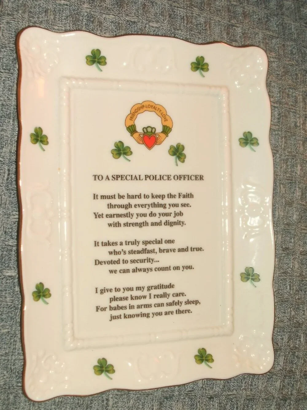 Irish Shamrock Ceramic Tray Plaque Police Office Prayer Friendship Loyalty Love
